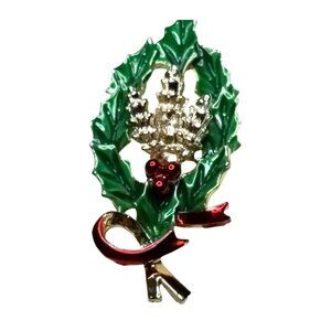 GERRYS Signed Vintage Christmas Holly Berry Brooch Gold Tone Green Enamel Pin
